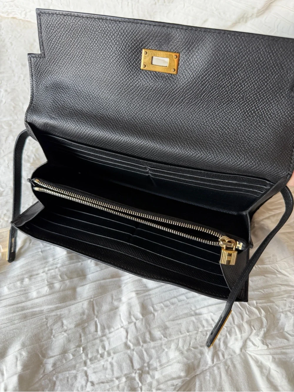 Hermes Black Leather Kelly Cut Clutch with Gold Hardware
